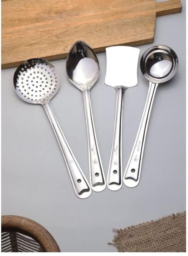 STARXDEAL 4pc Silver Stainless Steel Cooking Spoon Set, Silver, Contains - Frying Ladle, Serving Spoon, Turner Spoon, Curry Ladle - Image 1